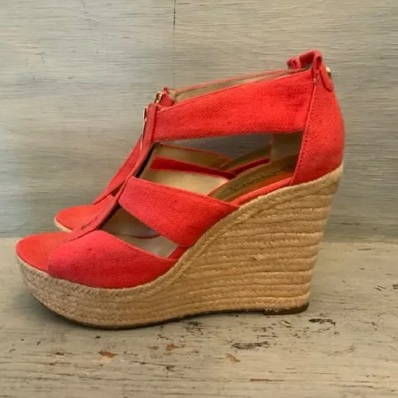 Michael Michael Kors Coral Canvas Espadrille Wedge Sandals Size 7 Good Condition - Picture 3 of 8